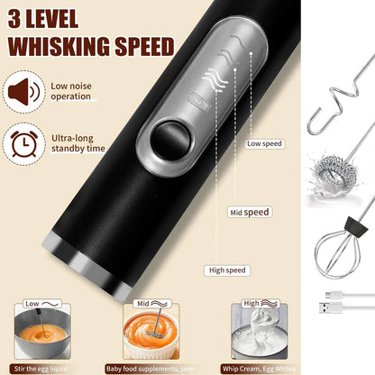 Electric Coffee Mixer Rechargeable Milk Shaker Maker Frother Foamer USB Charging Egg Beater Coffee Beater Handheld 3-Speed Adjustable Blende